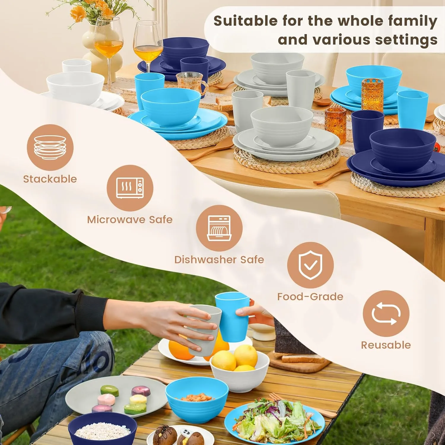 Homienly 40 PCS Wheat Straw Plates and Bowls Sets, Cups Sets, Dishes Set for 8, Unbreakable Microwave and Dishwasher Safe Dinnerware Sets,Reusbale Plastic Outdoor Camping Dishes - Island Series