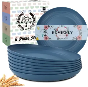 Homienly Wheat Straw Dinner Plates - Set of 8 Unbreakable Dishwasher and Microwave Safe Kids Plates (Blue) - 9 inch