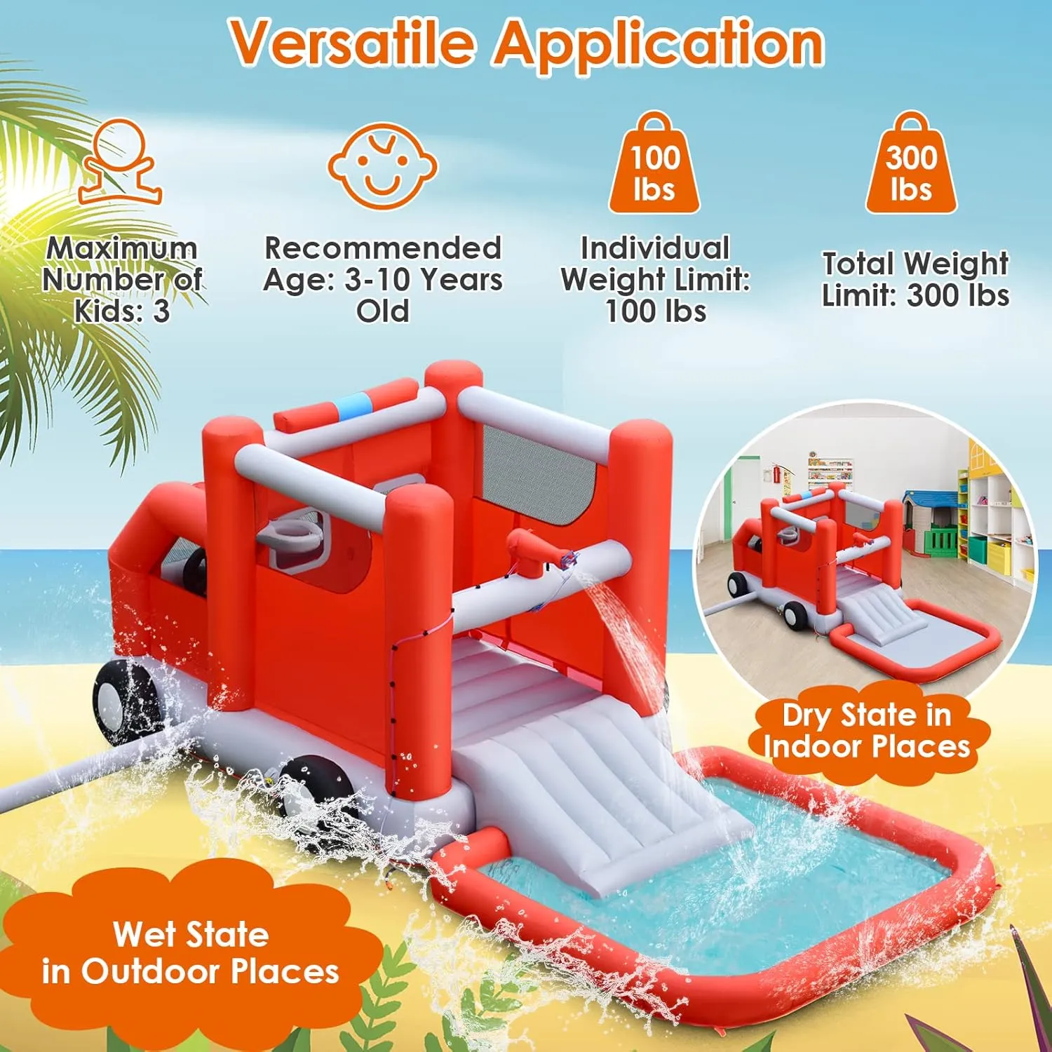 HONEY JOY Inflatable Water Slide, Fire Truck Toddler Blow Up Bouncy Water Park, Giant Splash Pool, Outdoor Water Bounce House Water Slides Inflatables for Kids and Adults Backyard(with 480w Blower)
