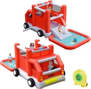 HONEY JOY Inflatable Water Slide, Fire Truck Toddler Blow Up Bouncy Water Park, Giant Splash Pool, Outdoor Water Bounce House Water Slides Inflatables for Kids and Adults Backyard(with 480w Blower)