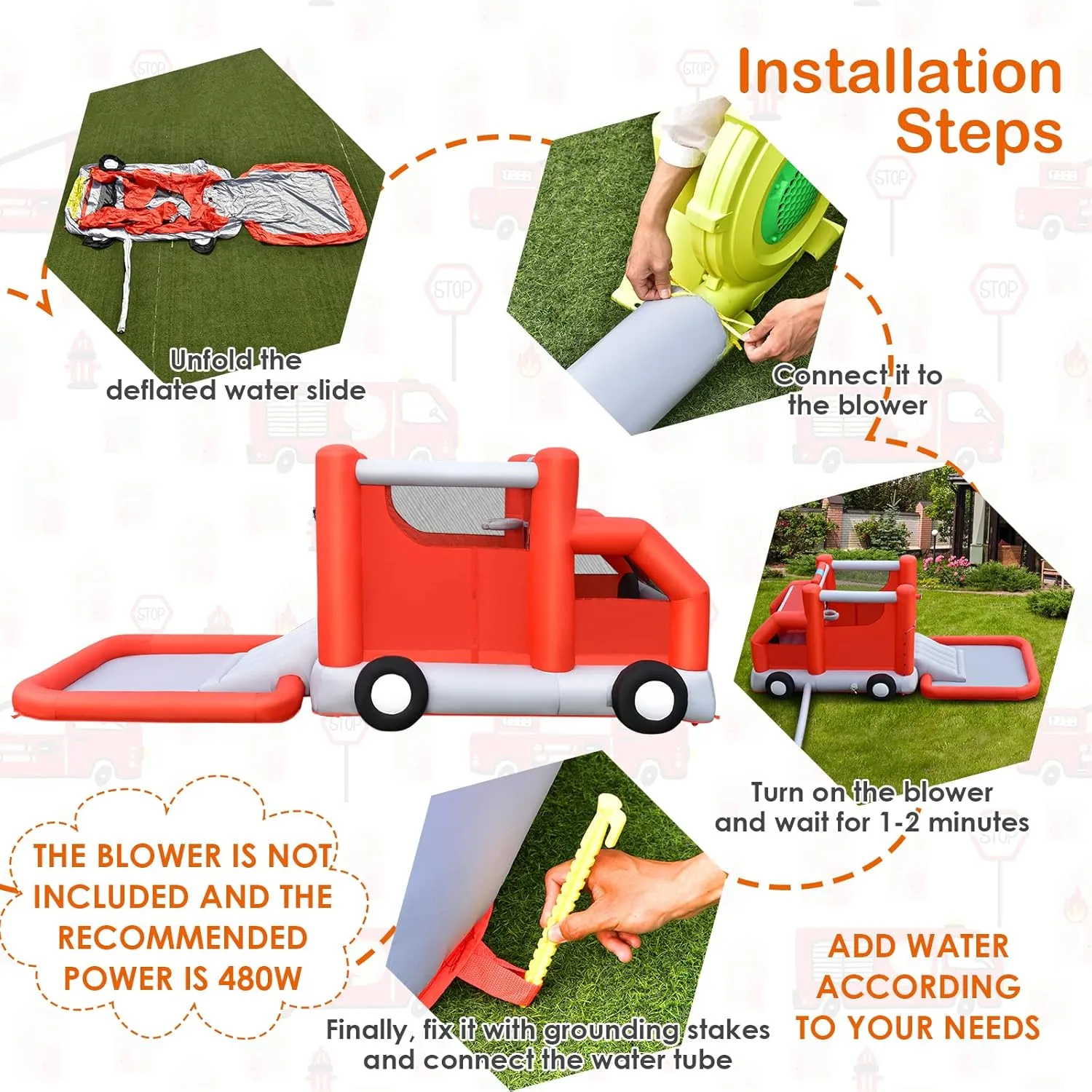 HONEY JOY Inflatable Water Slide, Fire Truck Toddler Blow Up Bouncy Water Park, Giant Splash Pool, Outdoor Water Bounce House Water Slides Inflatables for Kids and Adults Backyard(with 480w Blower)