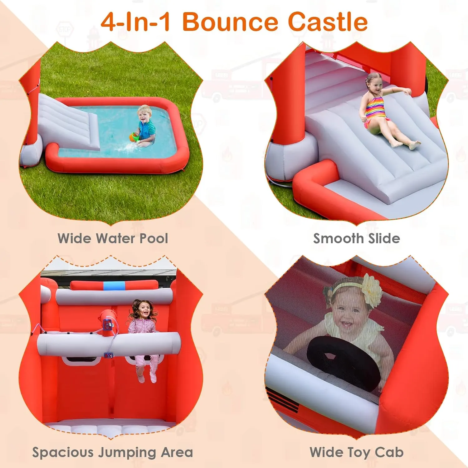HONEY JOY Inflatable Water Slide, Fire Truck Toddler Blow Up Bouncy Water Park, Giant Splash Pool, Outdoor Water Bounce House Water Slides Inflatables for Kids and Adults Backyard(with 480w Blower)