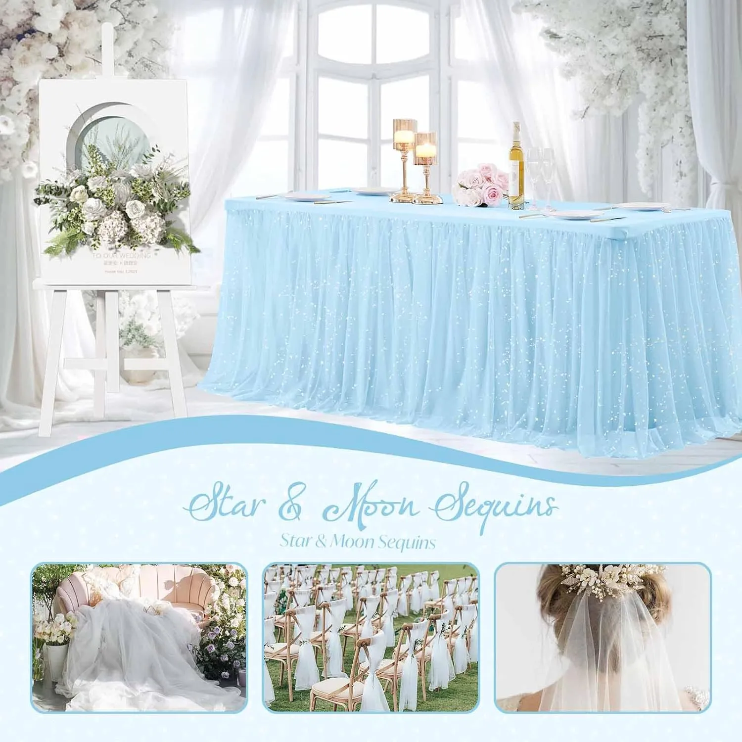 Horbaunal Light Blue Glitter Tulle Fabric Rolls with Shiny Silver Sequin, 10 Yard Tulle Bolt Blue 54 Inch Wide, Sheer Netting Fabric for Bridal Veil Tutu Skirt Wedding Arch