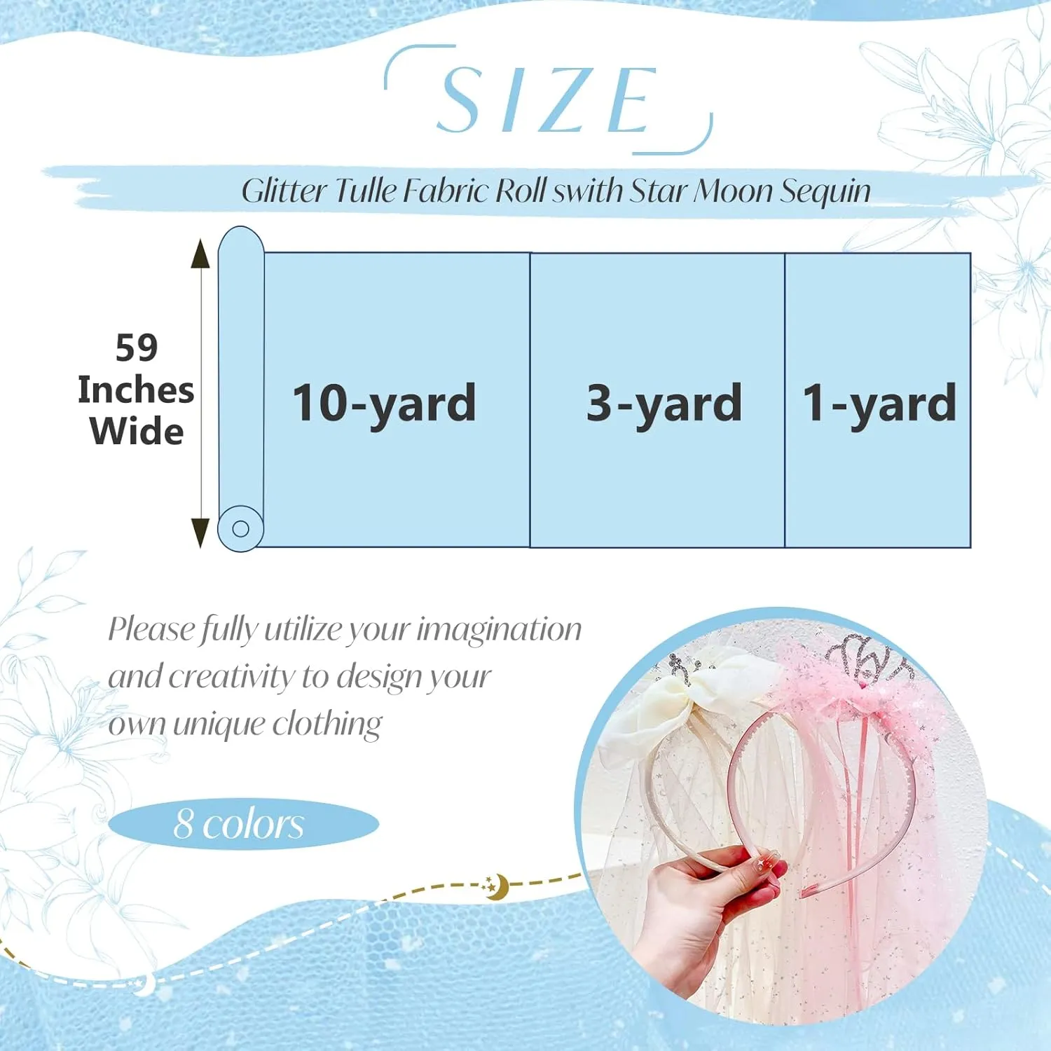 Horbaunal Light Blue Glitter Tulle Fabric Rolls with Shiny Silver Sequin, 10 Yard Tulle Bolt Blue 54 Inch Wide, Sheer Netting Fabric for Bridal Veil Tutu Skirt Wedding Arch