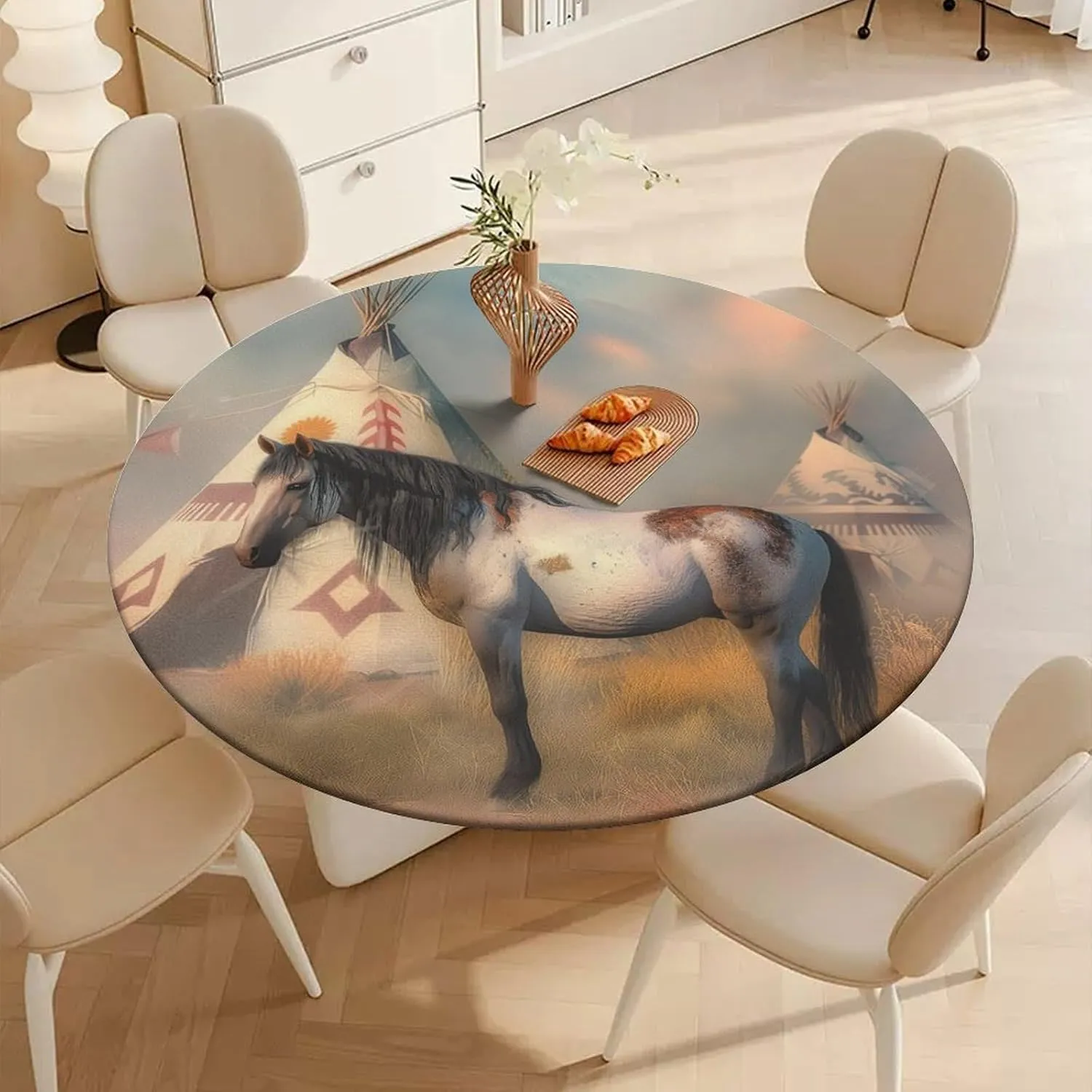 Horse Prairie Galloping Round Table Cover Round Picnic Tablecloth Waterproof Fitted Table Covers for Camping Indoor Outdoor