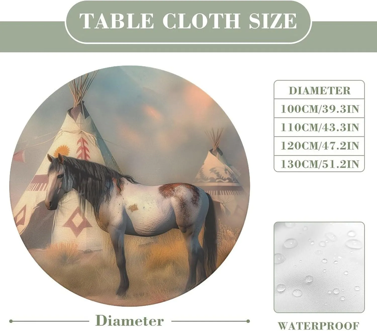 Horse Prairie Galloping Round Table Cover Round Picnic Tablecloth Waterproof Fitted Table Covers for Camping Indoor Outdoor