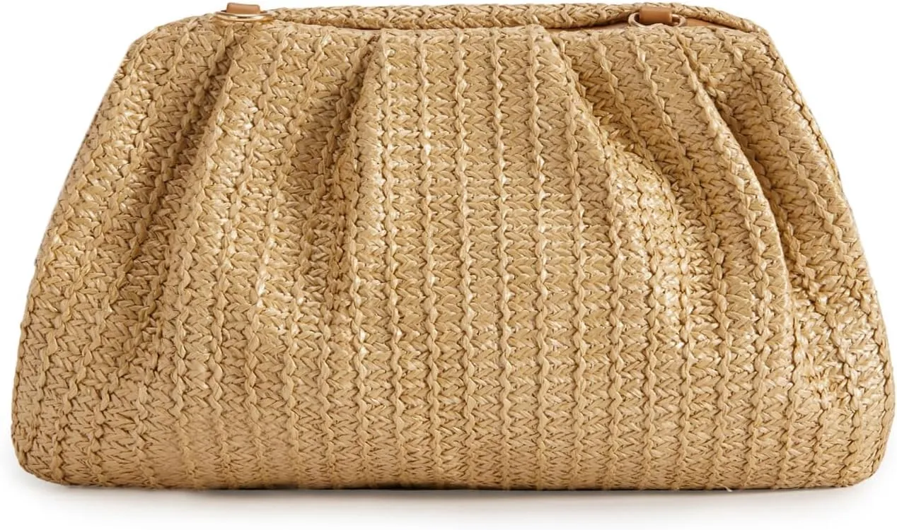 Huralona Women Straw Woven Clutch Purse Pleated Handbag for Summer Beach Vacation Straw Shoulder Crossbody Bag