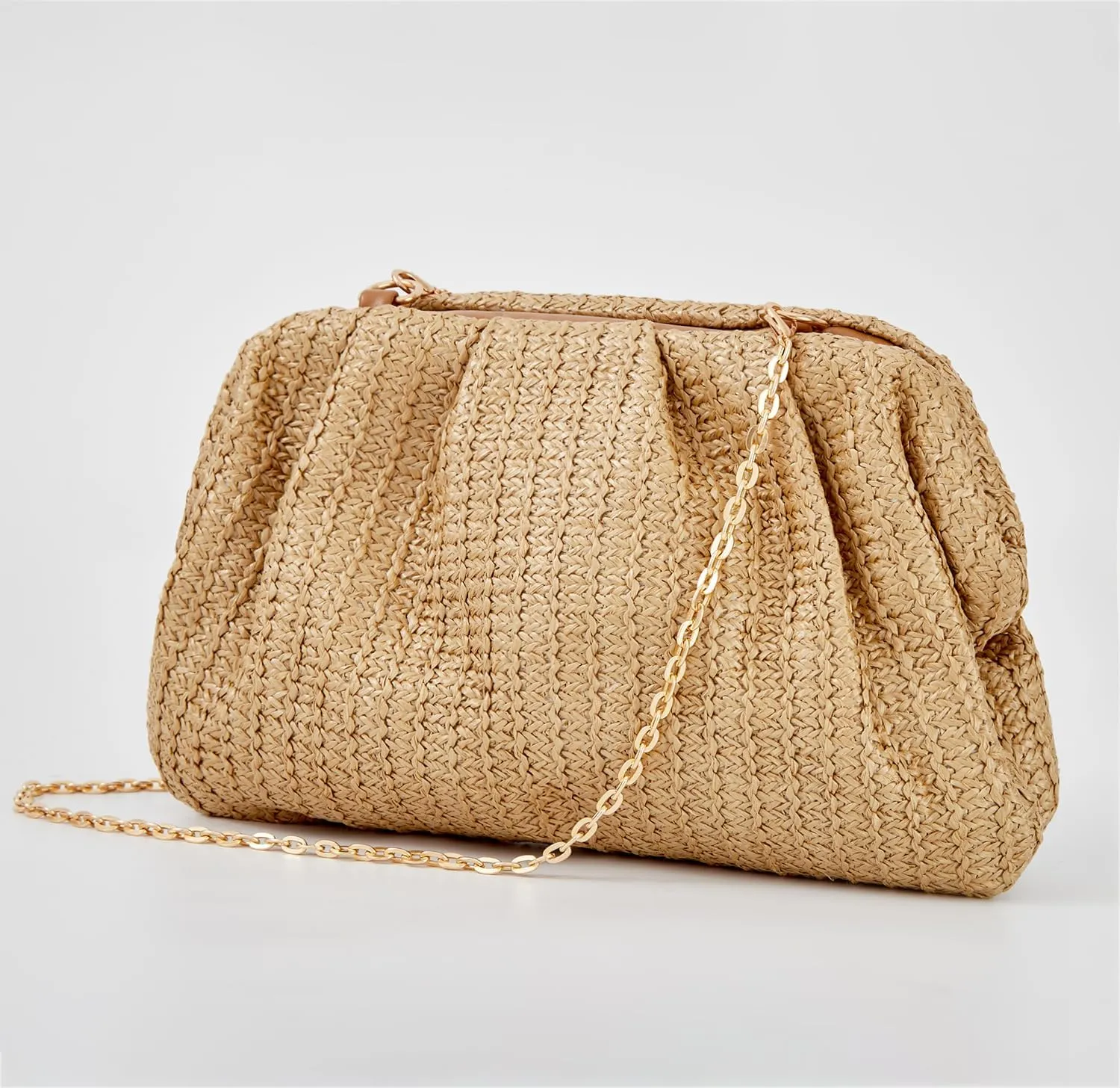 Huralona Women Straw Woven Clutch Purse Pleated Handbag for Summer Beach Vacation Straw Shoulder Crossbody Bag
