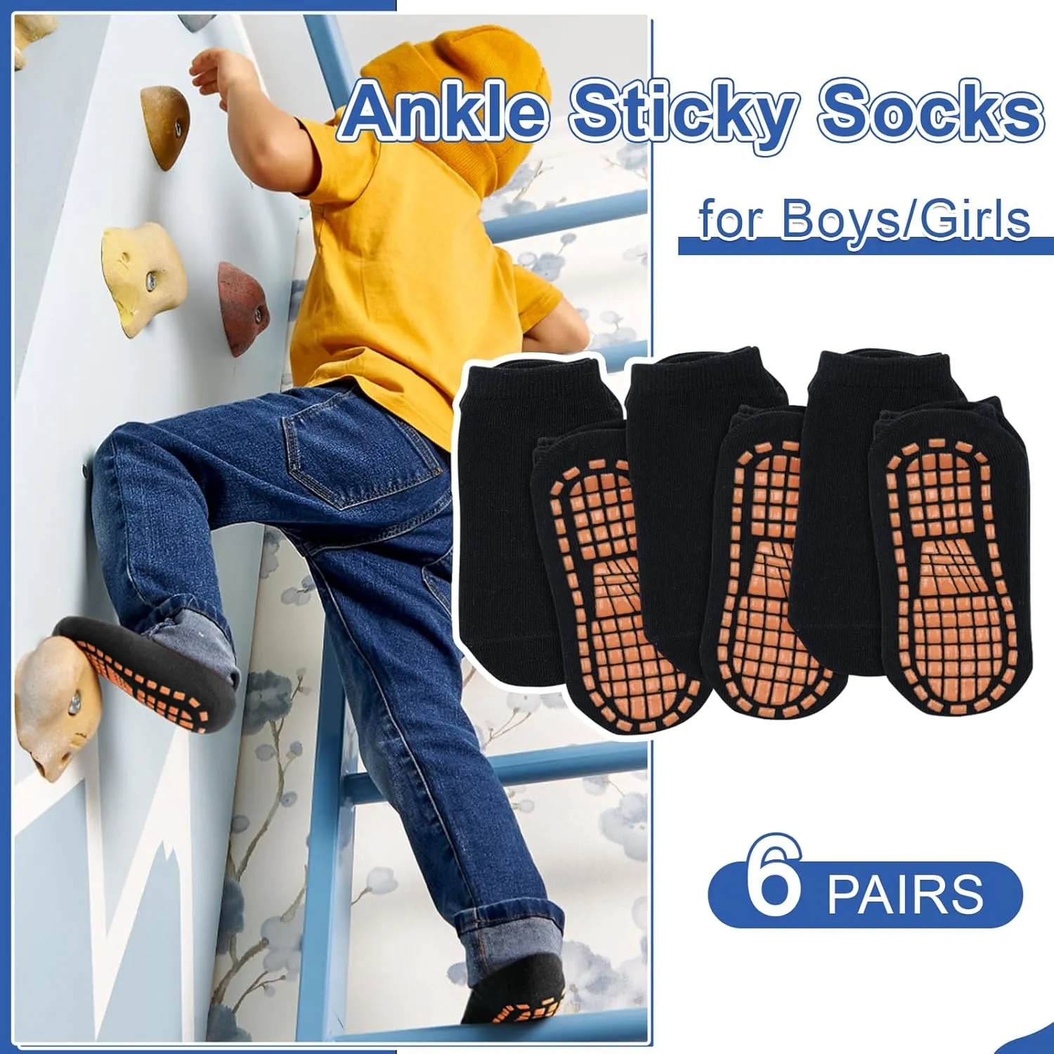 HYCLES Boys Girls Non-Slip Toddler Socks Grip Ankle Sticky Socks Anti-Skid Sock for Kids 6 Pairs for 2-13 Years Kids