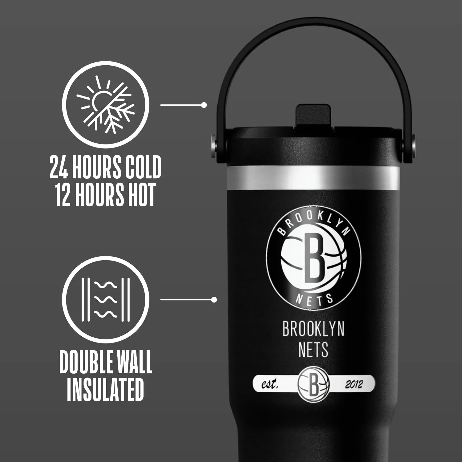 Hydrapeak x NBA Officially Licensed Brooklyn Nets 32 oz Nomad Tumbler with Handle and Straw Lid, Leakproof Stainless Steel Water Bottle