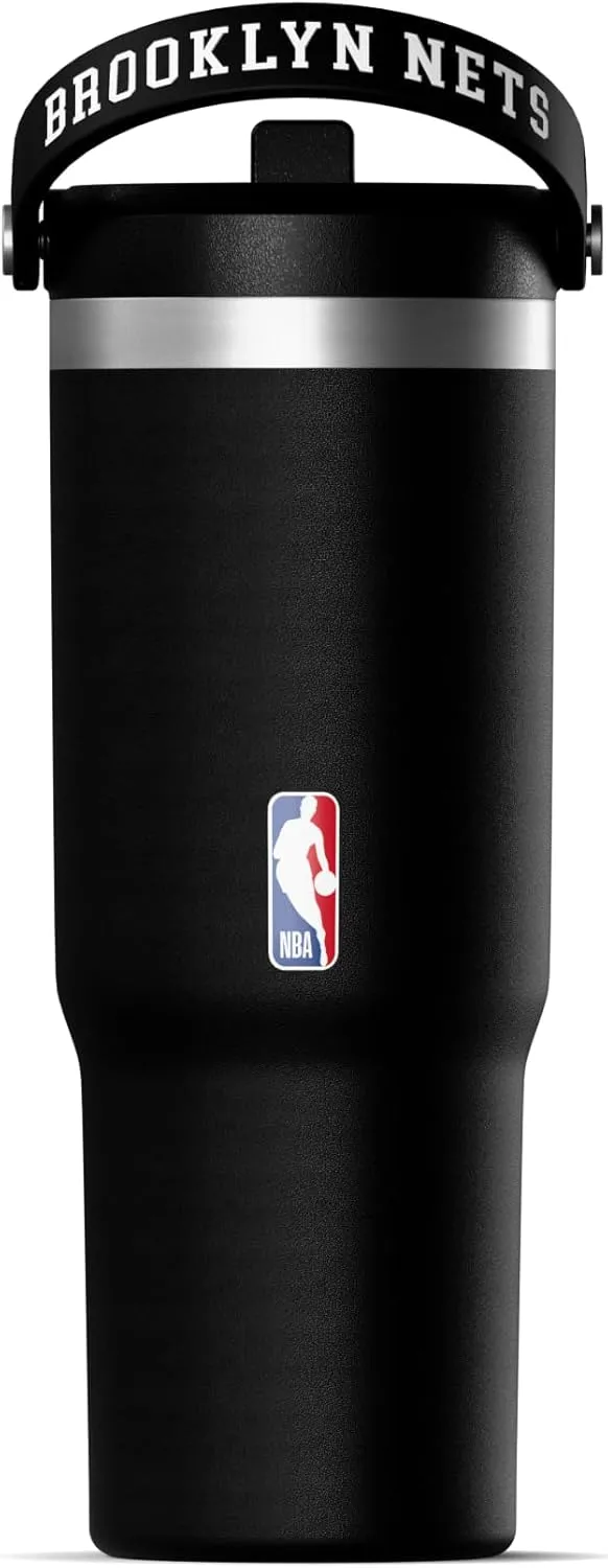 Hydrapeak x NBA Officially Licensed Brooklyn Nets 32 oz Nomad Tumbler with Handle and Straw Lid, Leakproof Stainless Steel Water Bottle