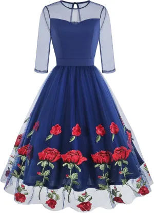 IDOPIP Women 1950s Vintage Elegant Floral Embroidered Dress Formal Prom Party Swing Dress Rockabilly Cocktail Evening Gown