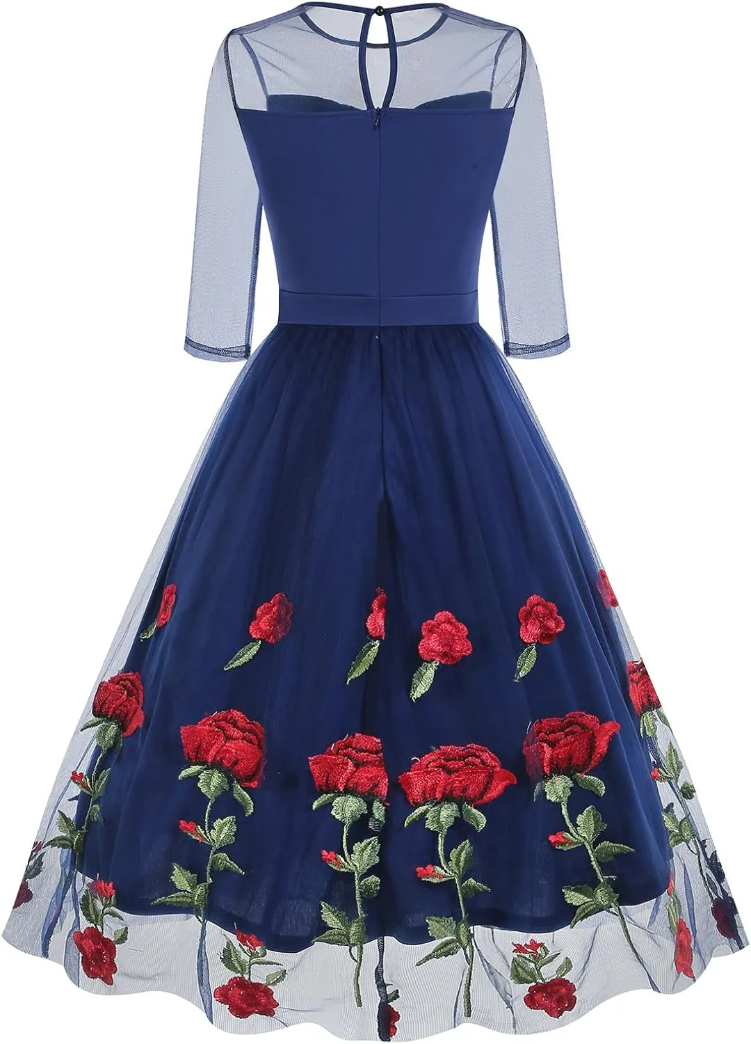 IDOPIP Women 1950s Vintage Elegant Floral Embroidered Dress Formal Prom Party Swing Dress Rockabilly Cocktail Evening Gown