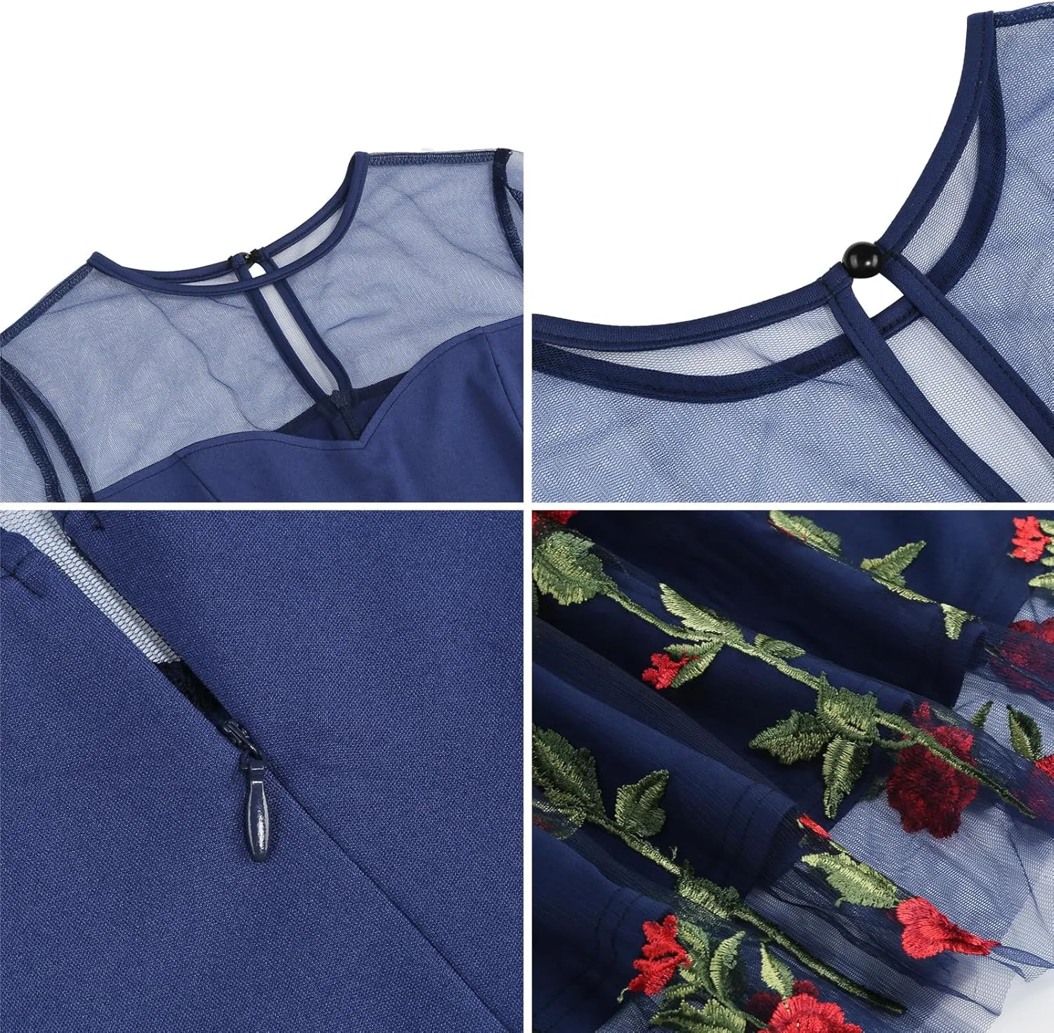 IDOPIP Women 1950s Vintage Elegant Floral Embroidered Dress Formal Prom Party Swing Dress Rockabilly Cocktail Evening Gown