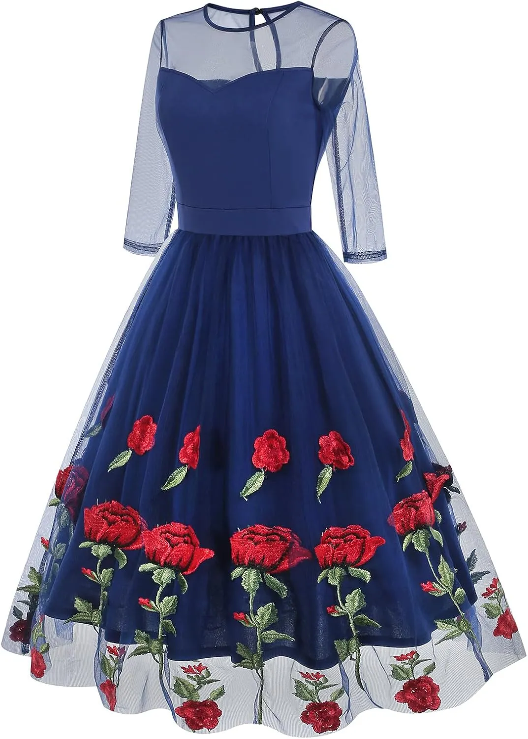IDOPIP Women 1950s Vintage Elegant Floral Embroidered Dress Formal Prom Party Swing Dress Rockabilly Cocktail Evening Gown
