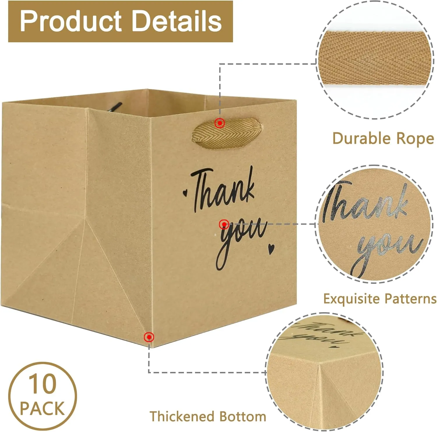 IN-JOOYAA Brown Thank You Gift Bags Small Square Thank You Gift Bags with Handles Baby Shower Birthday Party Favor Bag 10 Pcs (6 x 6 x 6 in)