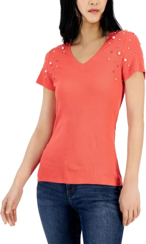 I.N.C. INTERNATIONAL CONCEPTS Women's Embellished T-Shirt Chilled Melon S