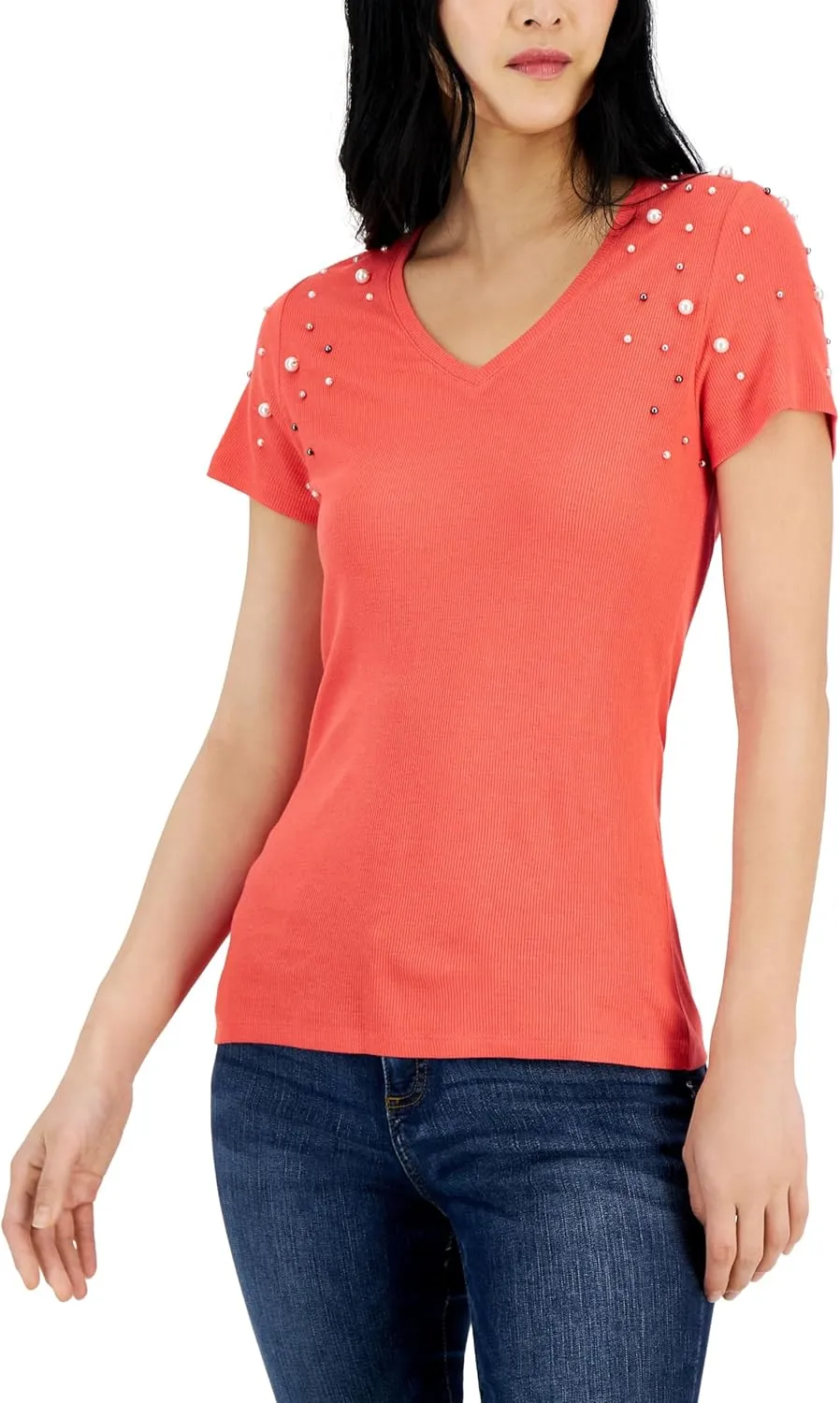 I.N.C. INTERNATIONAL CONCEPTS Women's Embellished T-Shirt Chilled Melon S