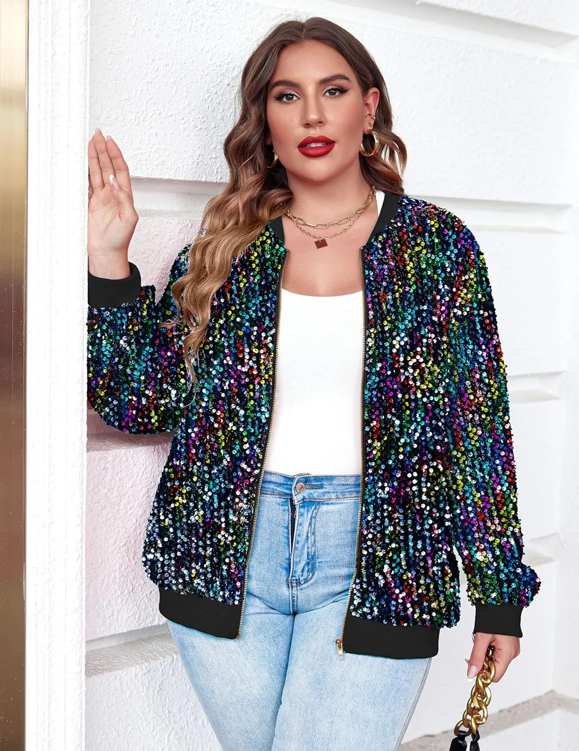 IN'VOLAND Womens Sequin Jacket Plus Size Sparkle Long Sleeve Jackets Front Zip Loose Casual Blazer Bomber Jacket with Pockets