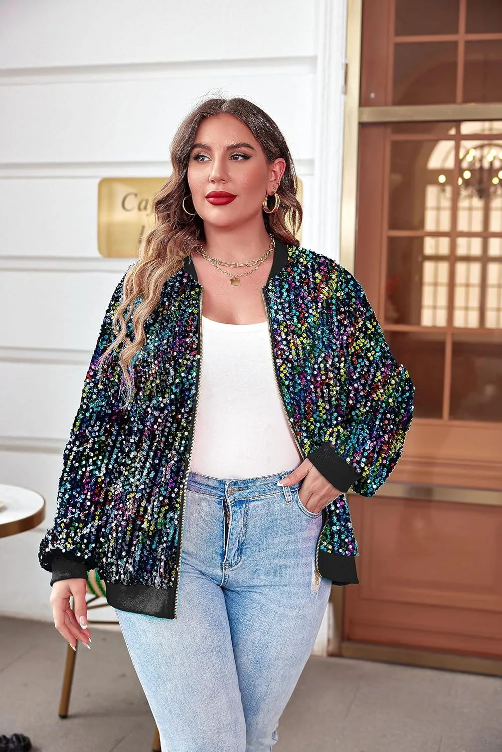 IN'VOLAND Womens Sequin Jacket Plus Size Sparkle Long Sleeve Jackets Front Zip Loose Casual Blazer Bomber Jacket with Pockets