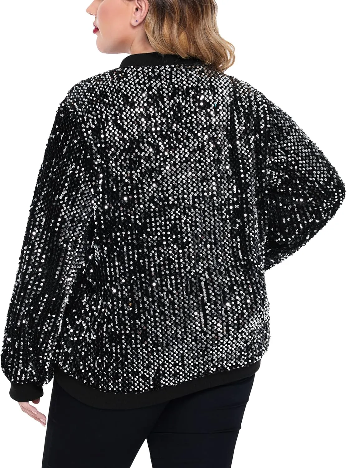 IN'VOLAND Womens Sequin Jacket Plus Size Sparkle Long Sleeve Jackets Front Zip Loose Casual Blazer Bomber Jacket with Pockets