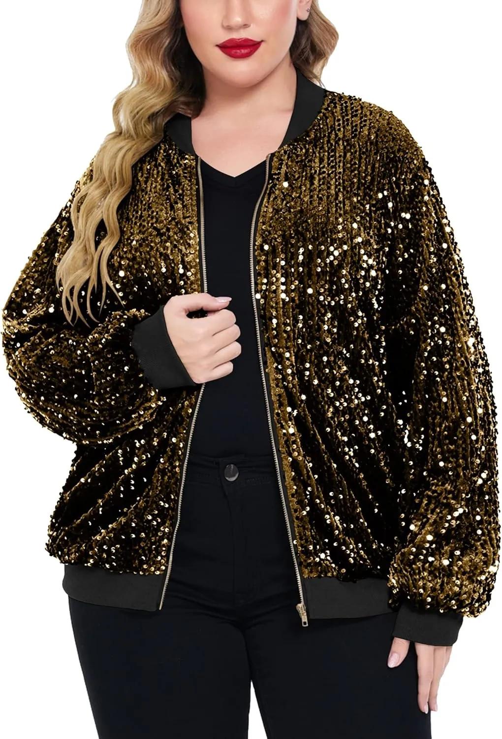 IN'VOLAND Womens Sequin Jacket Plus Size Sparkle Long Sleeve Jackets Front Zip Loose Casual Blazer Bomber Jacket with Pockets