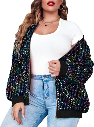 IN'VOLAND Womens Sequin Jacket Plus Size Sparkle Long Sleeve Jackets Front Zip Loose Casual Blazer Bomber Jacket with Pockets
