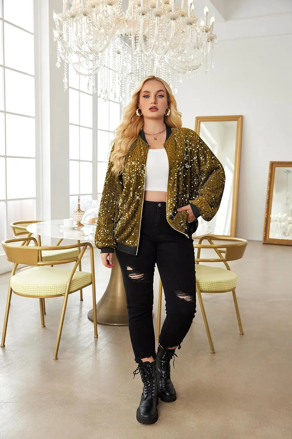 IN'VOLAND Womens Sequin Jacket Plus Size Sparkle Long Sleeve Jackets Front Zip Loose Casual Blazer Bomber Jacket with Pockets