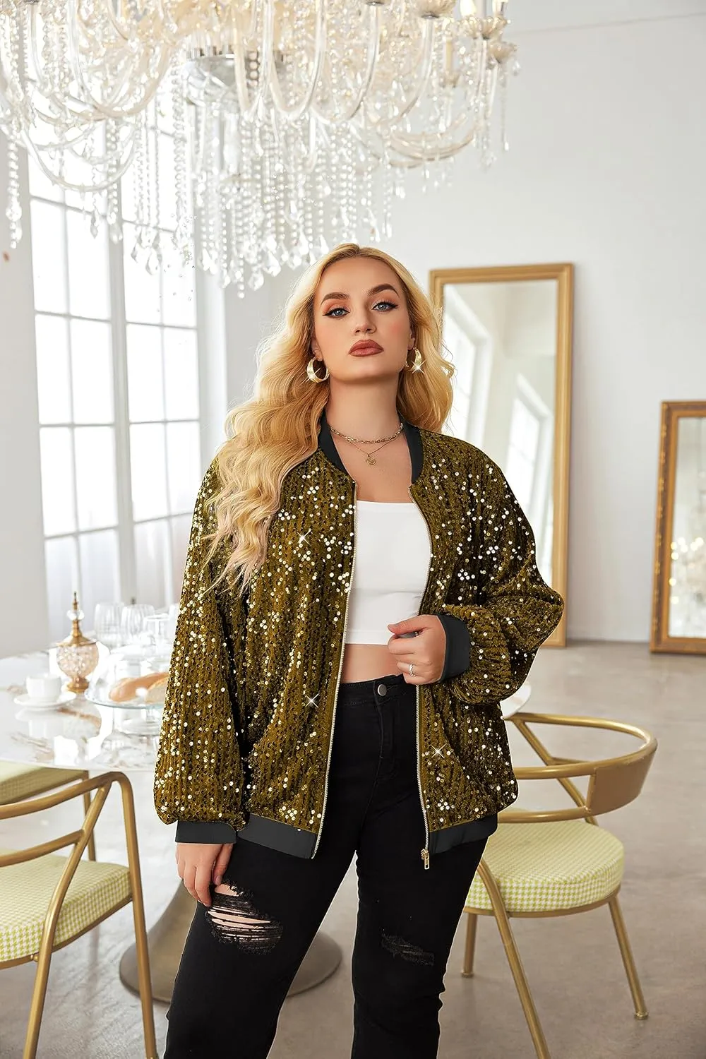 IN'VOLAND Womens Sequin Jacket Plus Size Sparkle Long Sleeve Jackets Front Zip Loose Casual Blazer Bomber Jacket with Pockets