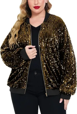 IN'VOLAND Womens Sequin Jacket Plus Size Sparkle Long Sleeve Jackets Front Zip Loose Casual Blazer Bomber Jacket with Pockets