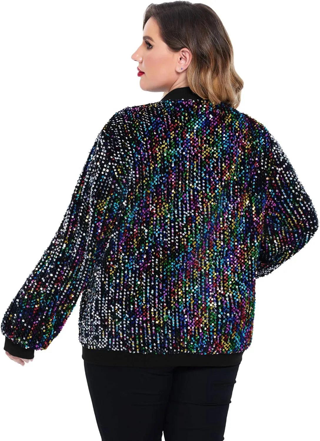 IN'VOLAND Womens Sequin Jacket Plus Size Sparkle Long Sleeve Jackets Front Zip Loose Casual Blazer Bomber Jacket with Pockets