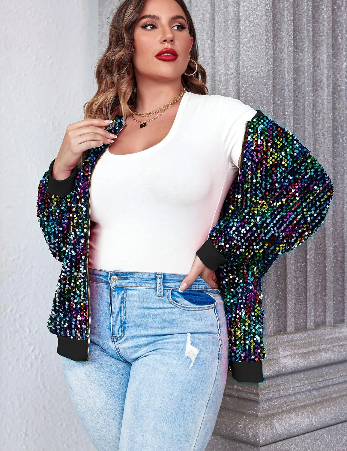 IN'VOLAND Womens Sequin Jacket Plus Size Sparkle Long Sleeve Jackets Front Zip Loose Casual Blazer Bomber Jacket with Pockets