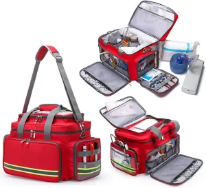 IOCCIOBB Professional First Aid Bag with Reflective Strips - Portable Medical Bag for Home, Doctors, EMT - Large Capacity Nurse Clinical Bag - Emergency Responder Trauma Bag for EMS(Red)