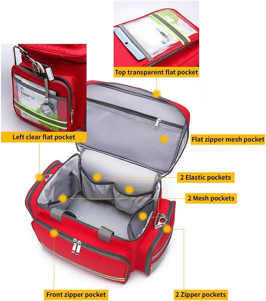 IOCCIOBB Professional First Aid Bag with Reflective Strips - Portable Medical Bag for Home, Doctors, EMT - Large Capacity Nurse Clinical Bag - Emergency Responder Trauma Bag for EMS(Red)