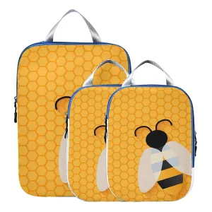 Isolated Bee on Honeycomb Yellow Hexagon Pattern 3 Set Packing Cubes, Waterproof Check Oxford cloth Organizers, Travel Packing Toiletry Storage Bag