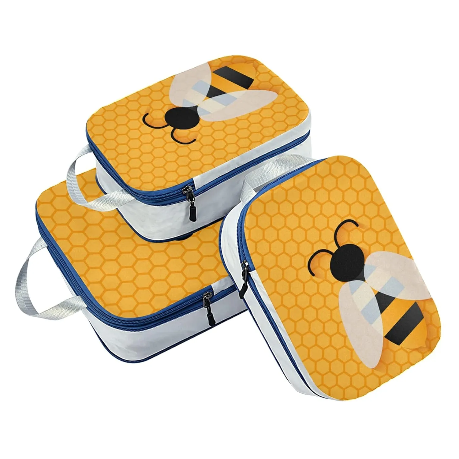 Isolated Bee on Honeycomb Yellow Hexagon Pattern 3 Set Packing Cubes, Waterproof Check Oxford cloth Organizers, Travel Packing Toiletry Storage Bag
