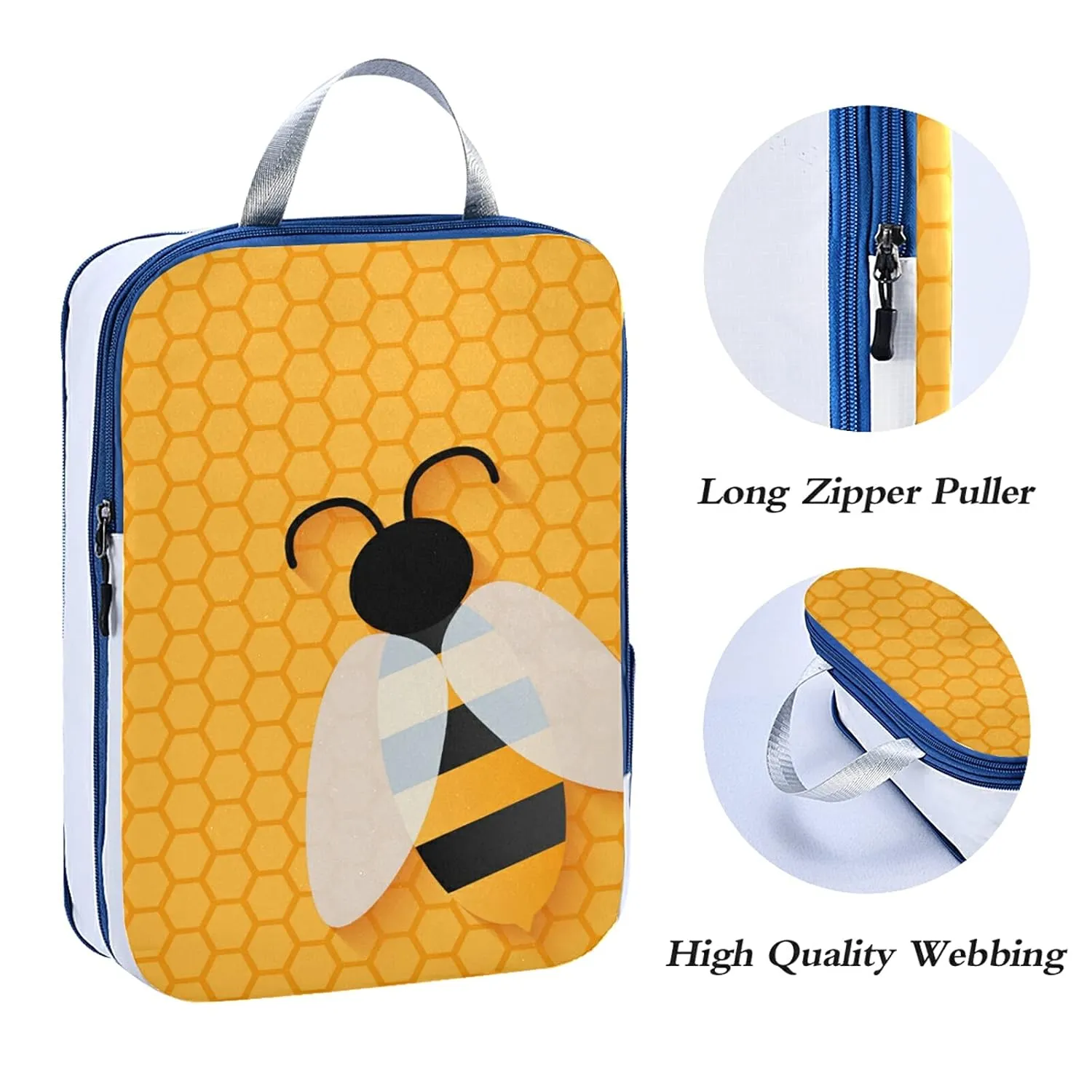 Isolated Bee on Honeycomb Yellow Hexagon Pattern 3 Set Packing Cubes, Waterproof Check Oxford cloth Organizers, Travel Packing Toiletry Storage Bag