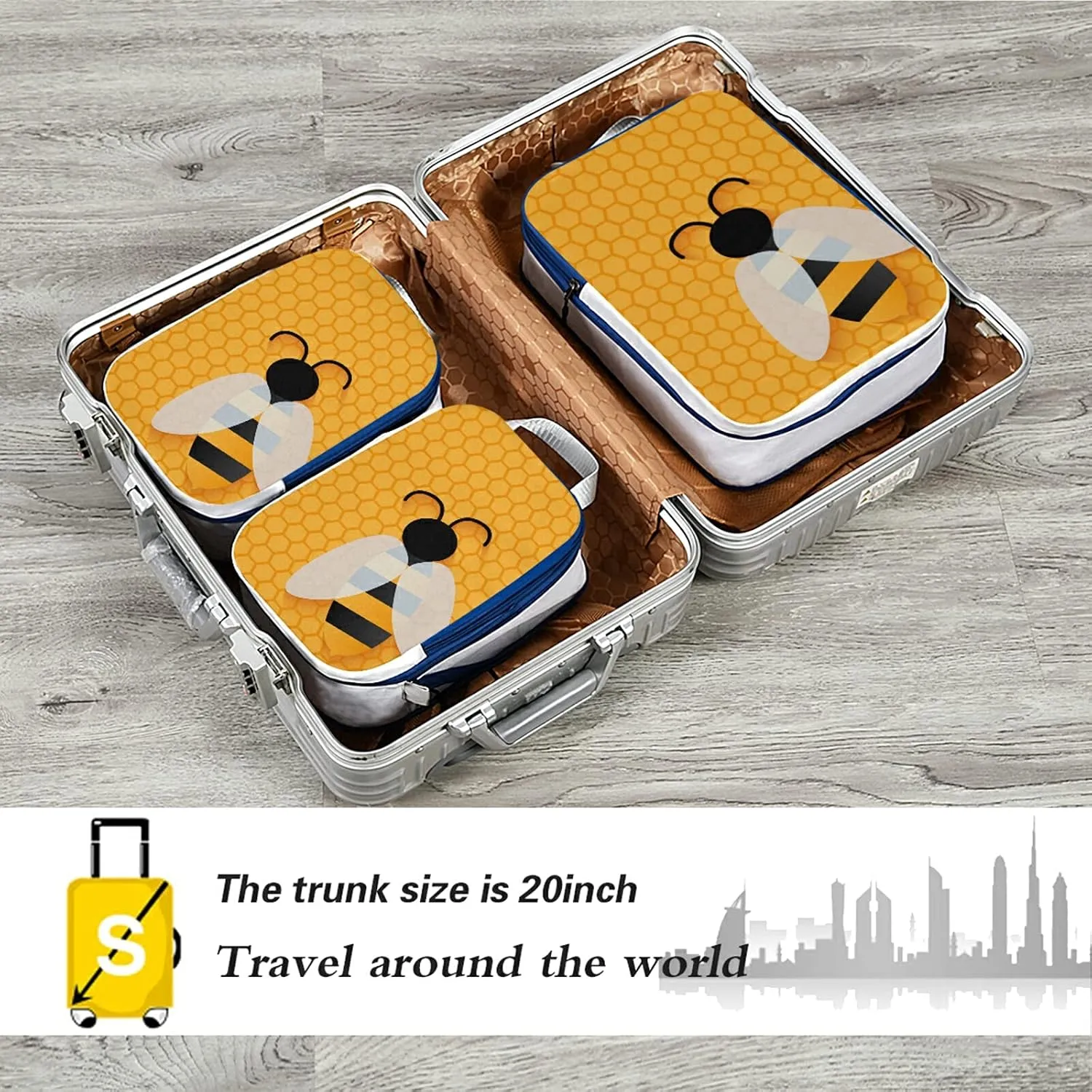 Isolated Bee on Honeycomb Yellow Hexagon Pattern 3 Set Packing Cubes, Waterproof Check Oxford cloth Organizers, Travel Packing Toiletry Storage Bag