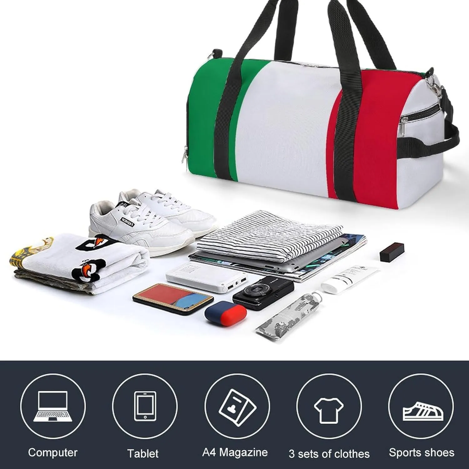 Italian Flag Gym Duffel Bag for Boys Girls Waterproof with Shoe Compartment