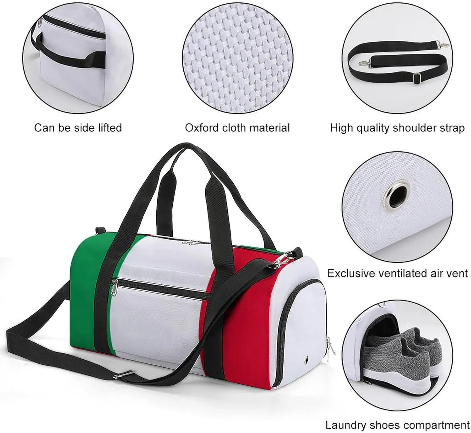 Italian Flag Gym Duffel Bag for Boys Girls Waterproof with Shoe Compartment