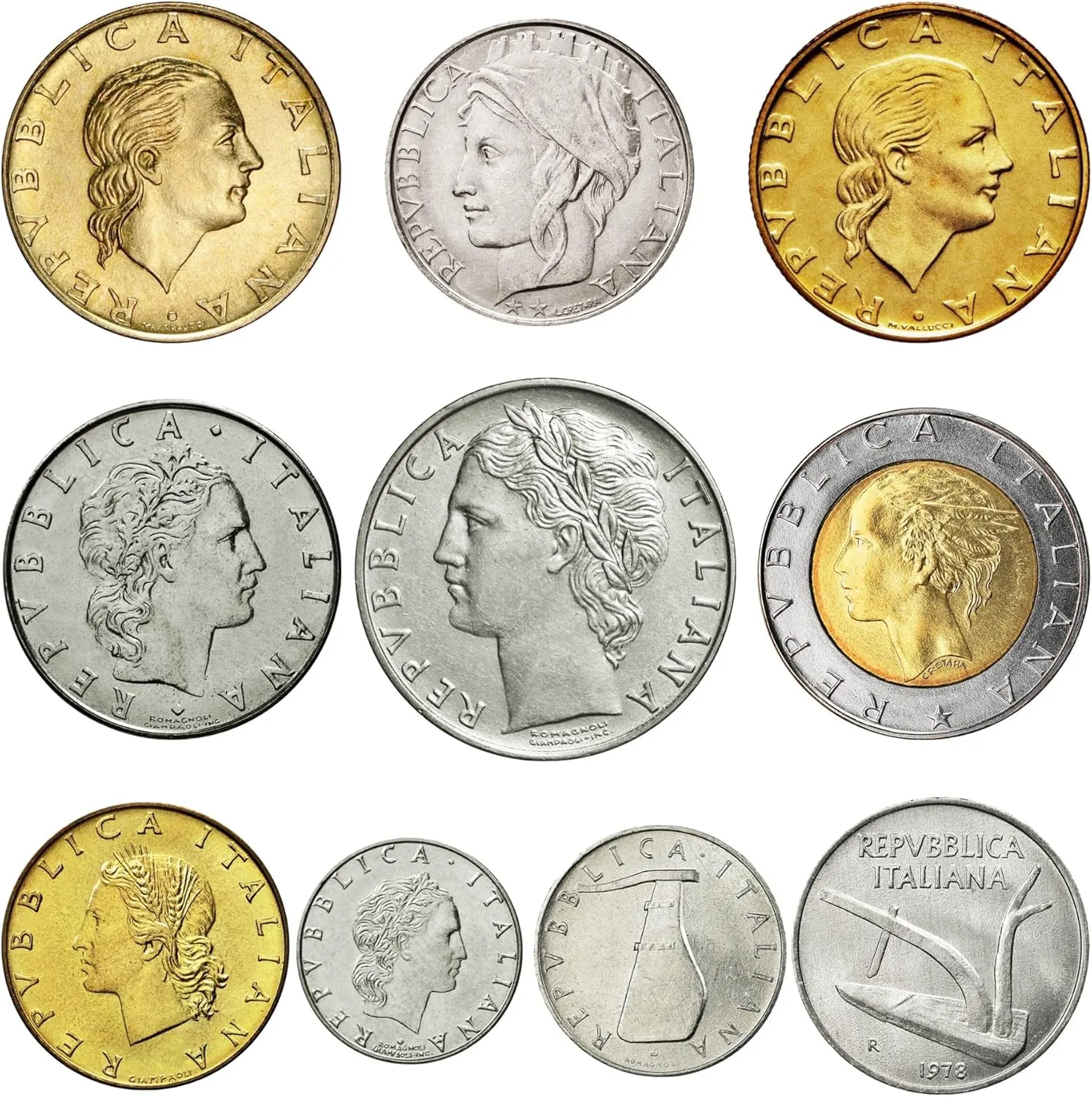 Italy 10 Mixed Coins | Lires | Italian Currency | Italiana | Goddess Minerva | 1946-2001
