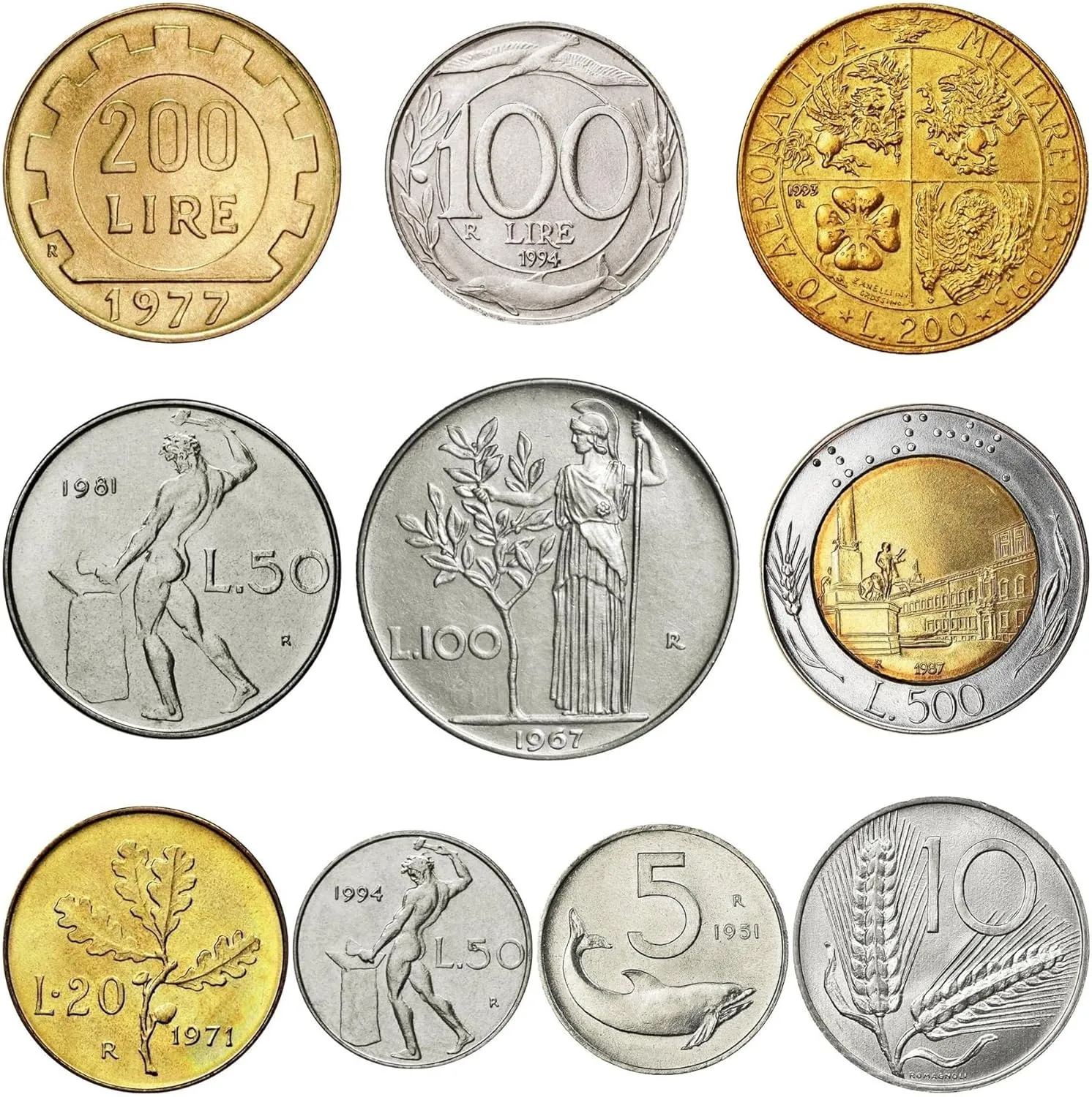 Italy 10 Mixed Coins | Lires | Italian Currency | Italiana | Goddess Minerva | 1946-2001