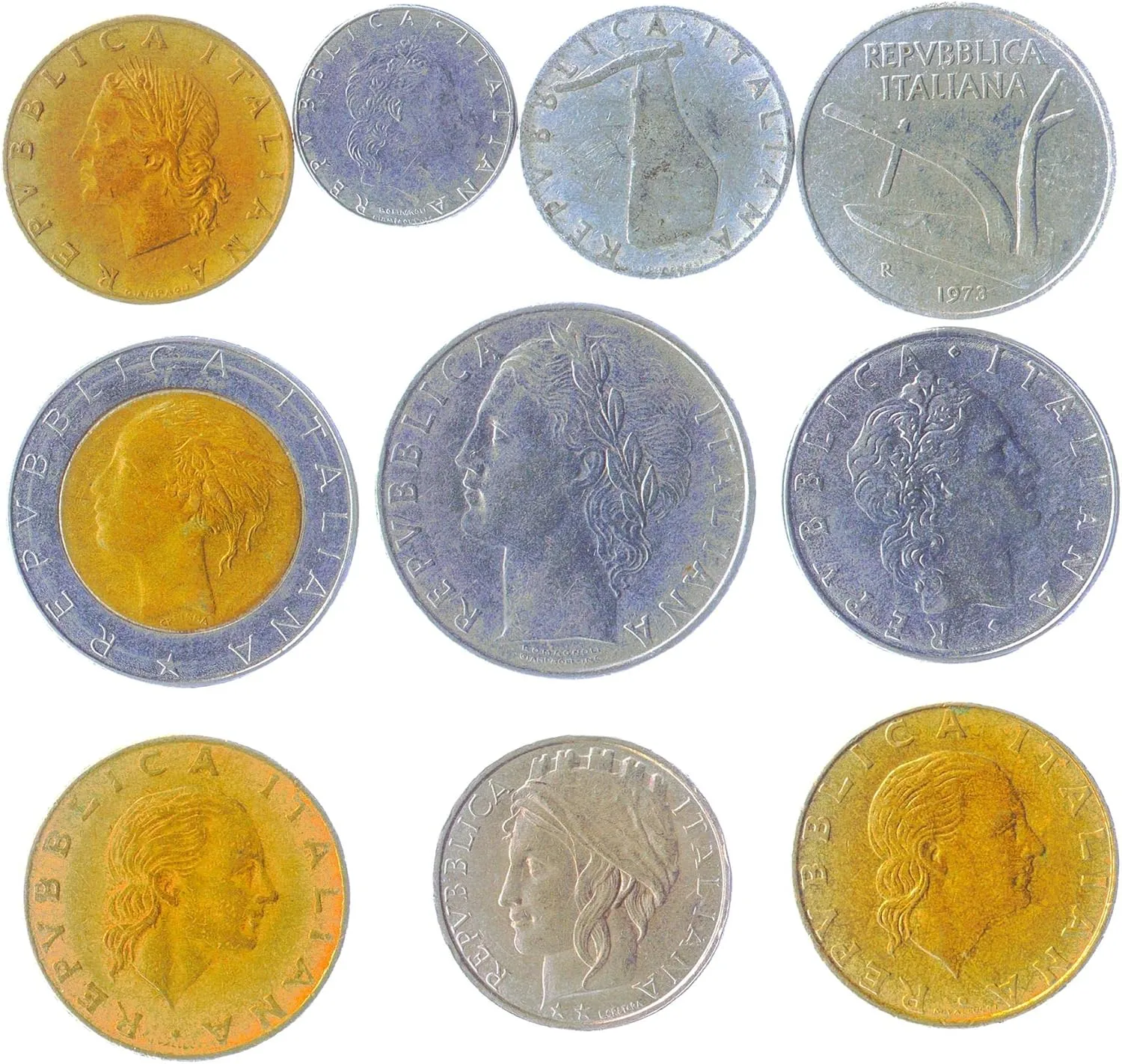 Italy 10 Mixed Coins | Lires | Italian Currency | Italiana | Goddess Minerva | 1946-2001