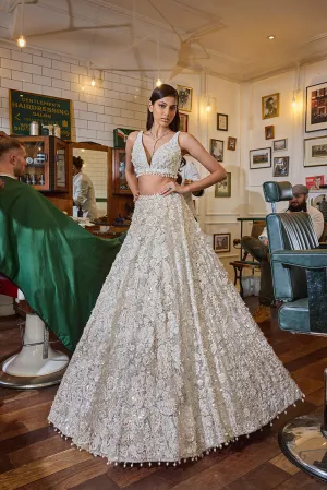 Ivory Three - Dimensional Floral Lehenga Set