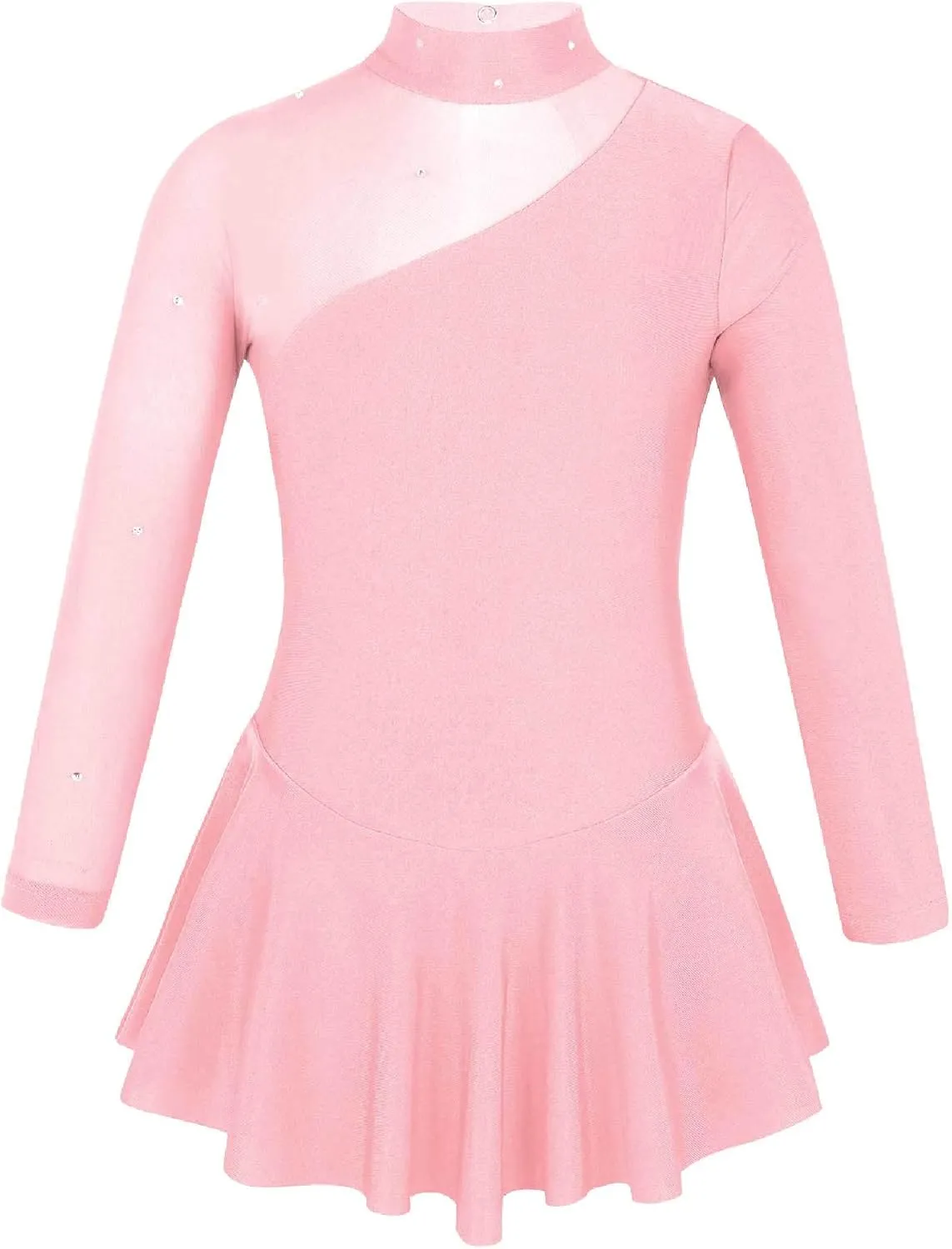 JEATHA Kids Girls Rhinestone Mesh Splice Figure Ice Skating Ballet Dance Gymnastics Leotard Dress Dancewear