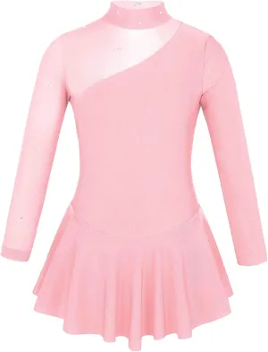 JEATHA Kids Girls Rhinestone Mesh Splice Figure Ice Skating Ballet Dance Gymnastics Leotard Dress Dancewear