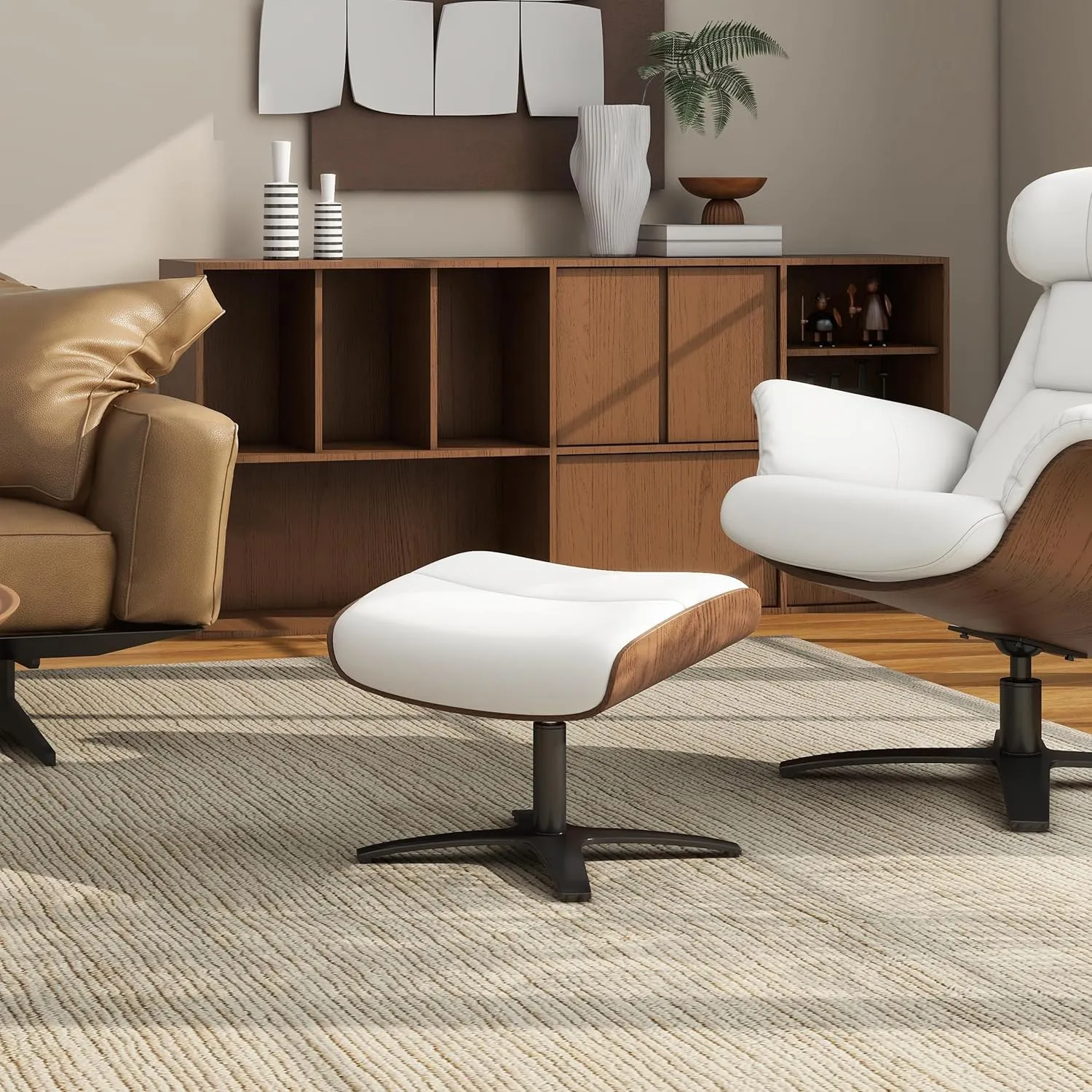 Jennifer Taylor Home Jovan 20.5" Mid-Century Modern Genuine Leather Footstool Ottoman, Porcelain White Leather