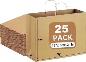 JET PAPER BAGS - Large Brown Paper Bags with Handles 16”x 6”x12” Inch [25 Pcs] Prime for Takeout, Grocery, Goody, Retail, Party, Gifts, Weddings - Recyclable Kraft Paper Gift Bags with Handles