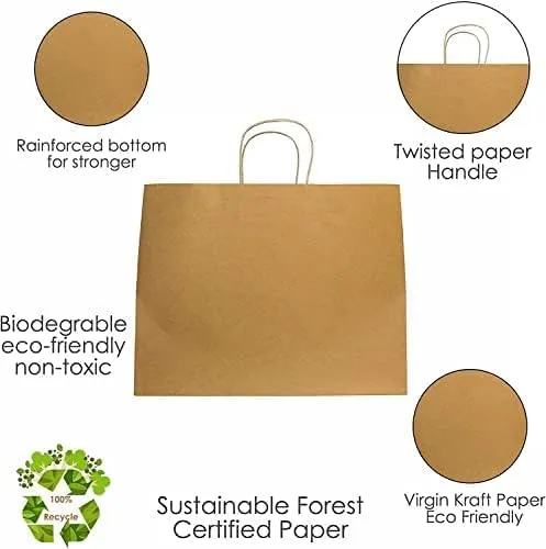 JET PAPER BAGS - Large Brown Paper Bags with Handles 16”x 6”x12” Inch [25 Pcs] Prime for Takeout, Grocery, Goody, Retail, Party, Gifts, Weddings - Recyclable Kraft Paper Gift Bags with Handles