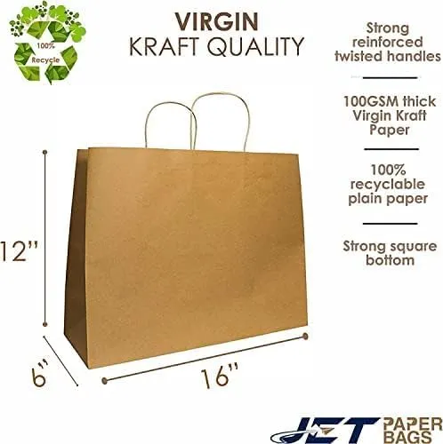JET PAPER BAGS - Large Brown Paper Bags with Handles 16”x 6”x12” Inch [25 Pcs] Prime for Takeout, Grocery, Goody, Retail, Party, Gifts, Weddings - Recyclable Kraft Paper Gift Bags with Handles